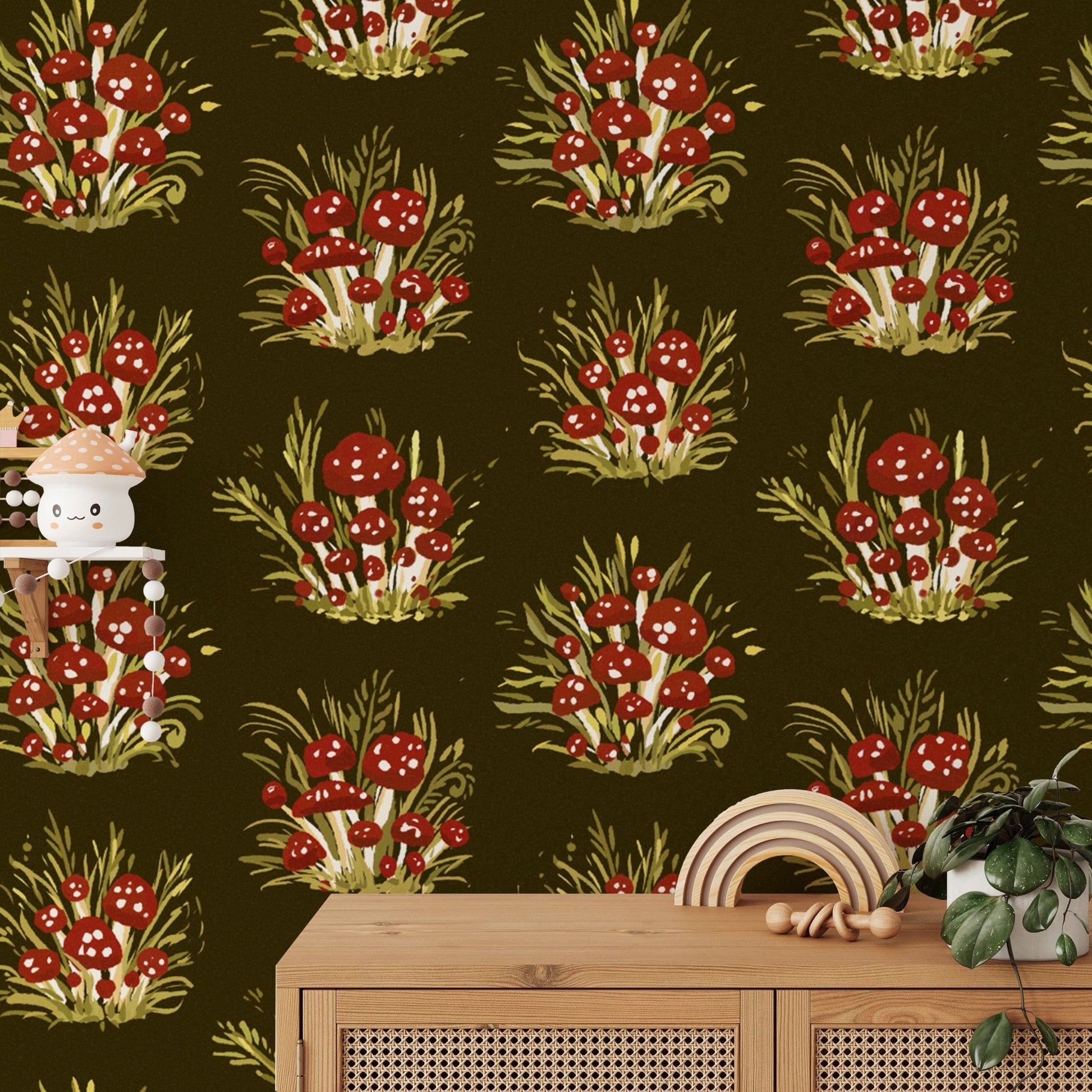 Whimsical dark mushroom millefleurs wallpaper for playful interiors. RNM67
