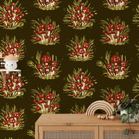 Whimsical dark mushroom millefleurs wallpaper for playful interiors. RNM67
