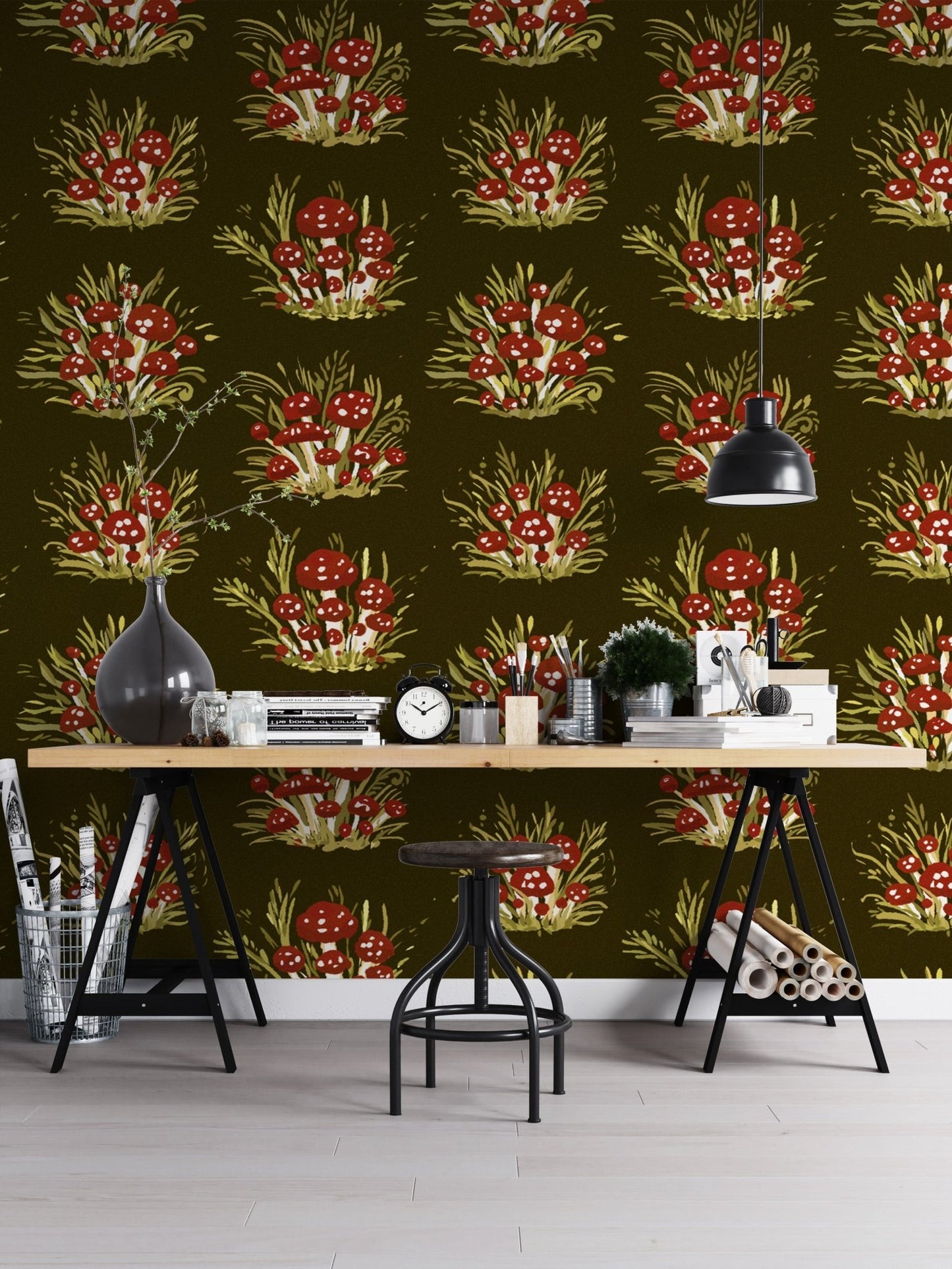 Vibrant dark mushroom millefleurs wallpaper for a dramatic ambiance. RNM67
