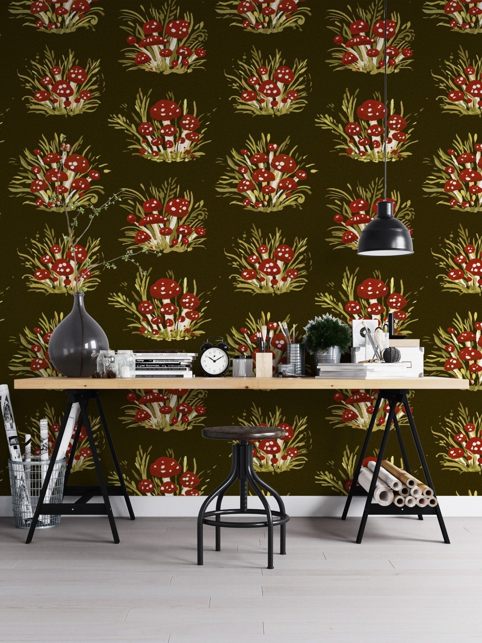 Vibrant dark mushroom millefleurs wallpaper for a dramatic ambiance. RNM67
