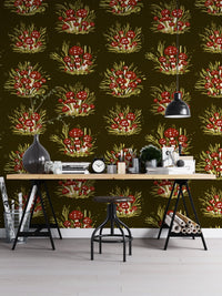 Vibrant dark mushroom millefleurs wallpaper for a dramatic ambiance. RNM67

