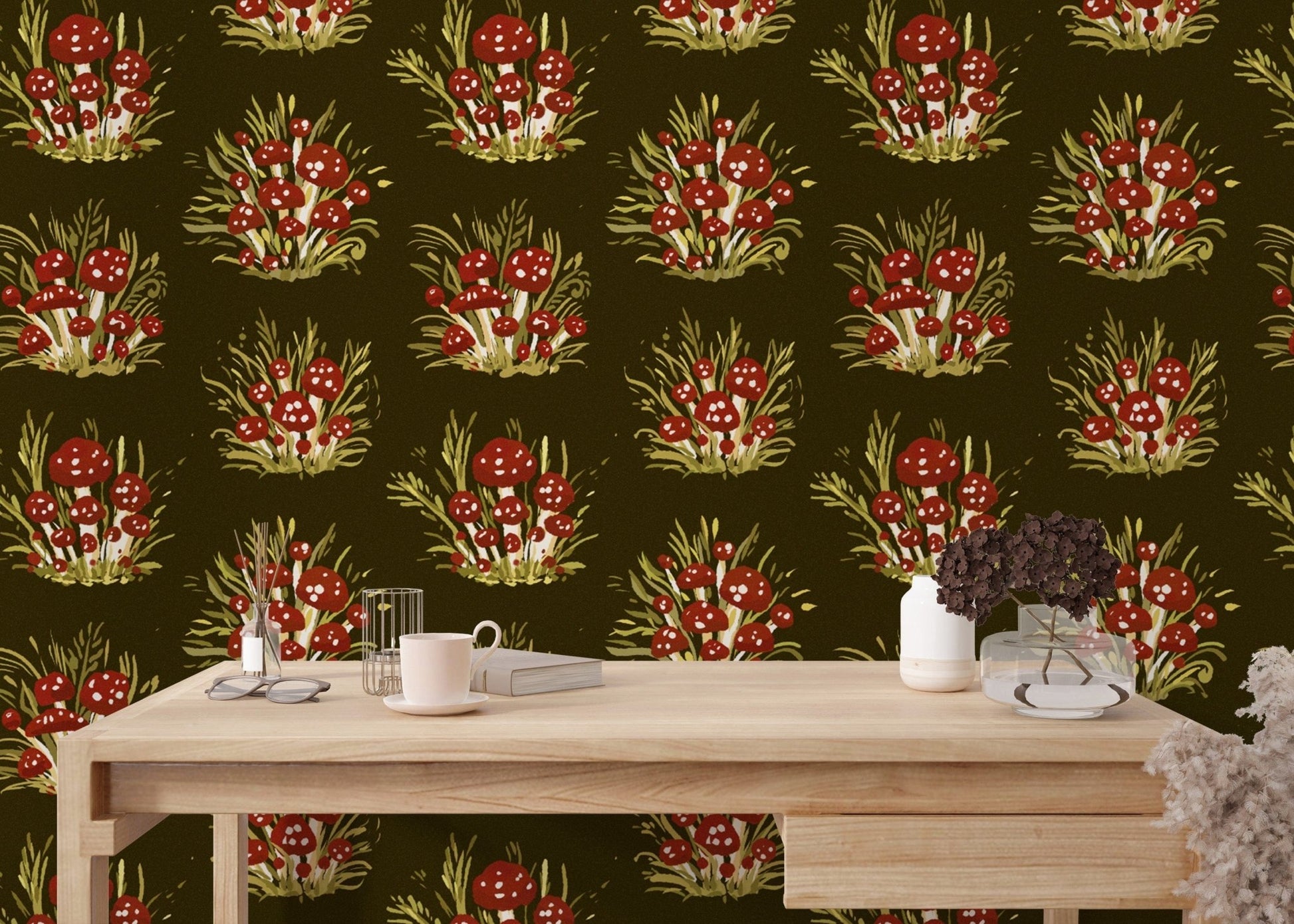 Elegant mushroom millefleurs dark wallpaper for a bold statement. RNM67
