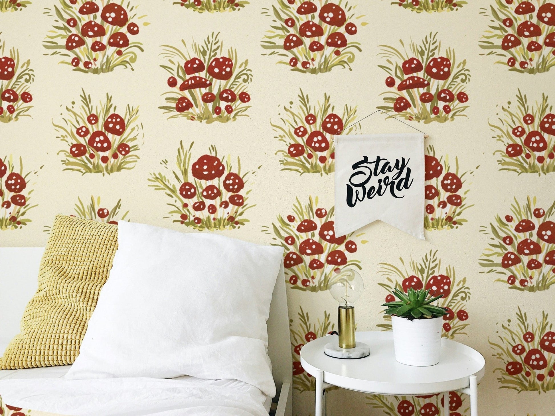 Nature-inspired millefleurs wallpaper with mushrooms in soft tones. RNM68
