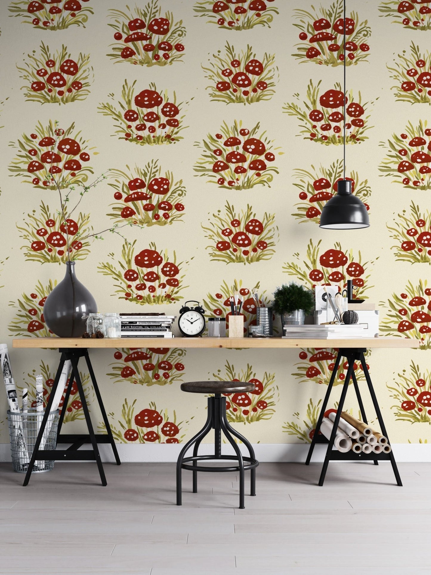 Stylish mushroom millefleurs light wallpaper for serene, chic rooms. RNM68

