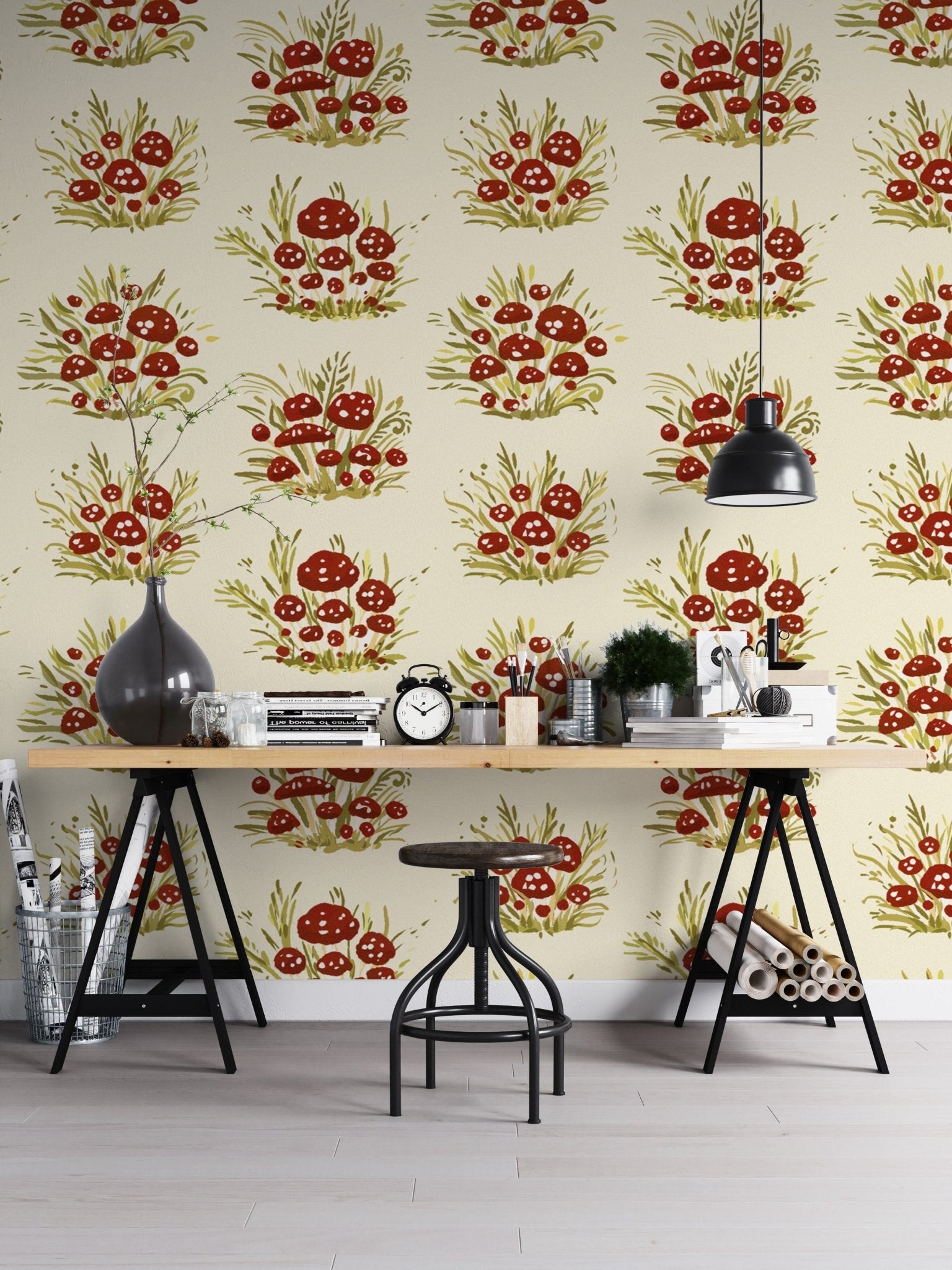 Stylish mushroom millefleurs light wallpaper for serene, chic rooms. RNM68
