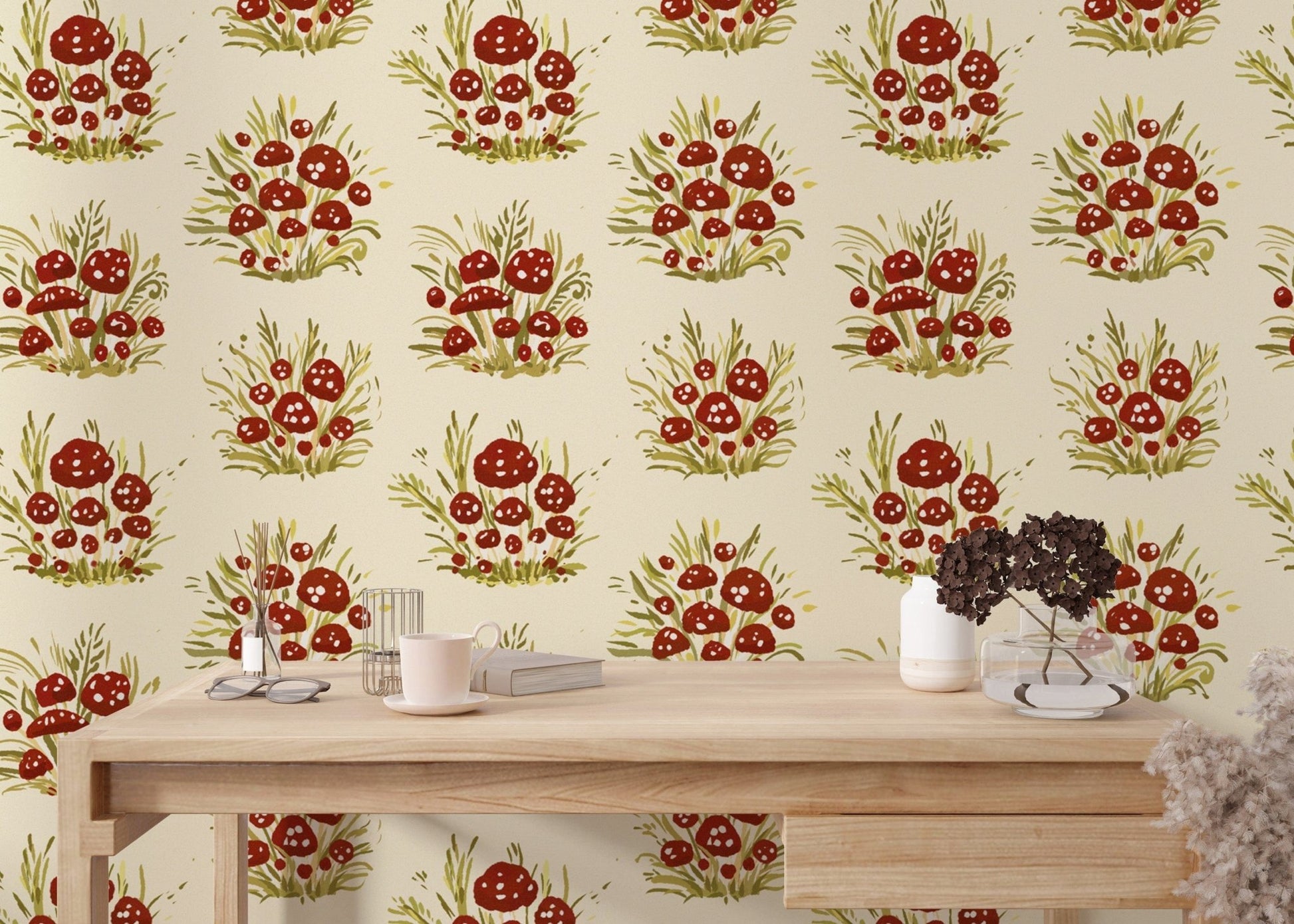 Sophisticated millefleurs light wallpaper with mushrooms for cozy walls. RNM68
