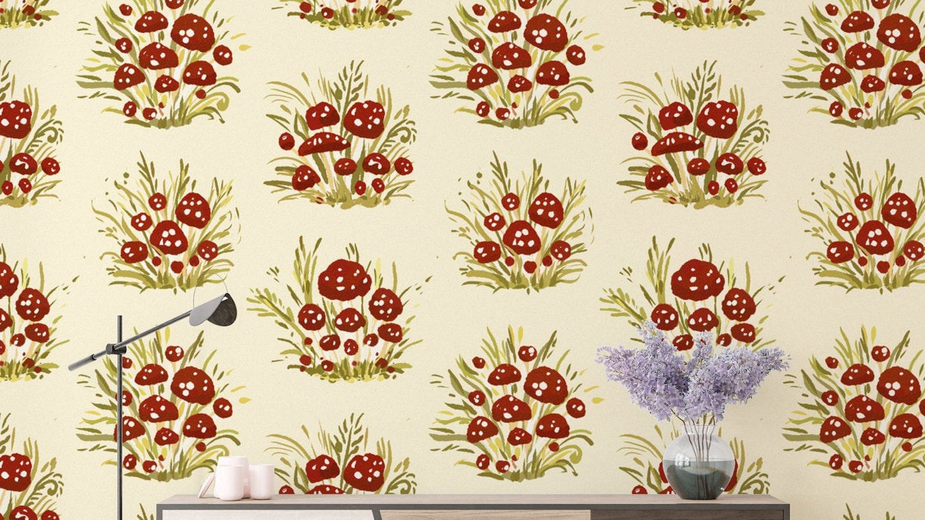 Elegant mushroom millefleurs light wallpaper for airy interiors.
