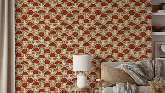 Mushroomcore red beige wallpaper design, GD849