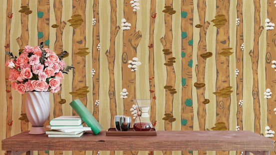 Elegant mushrooms on tree trunks wallpaper for rustic interiors. RNM69
