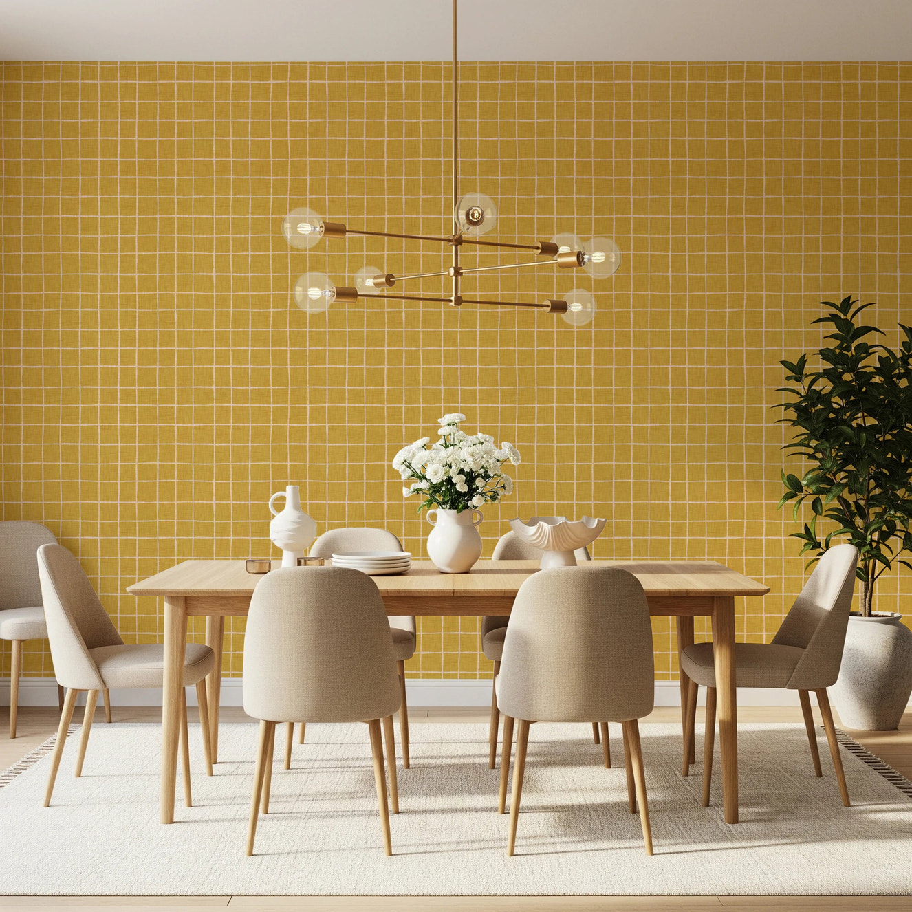 Yellow mustard grid wallpaper with linen texture