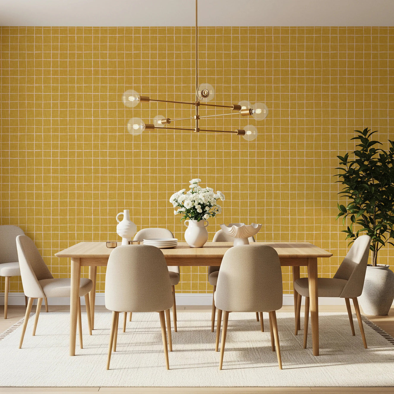 Yellow mustard grid wallpaper with linen texture