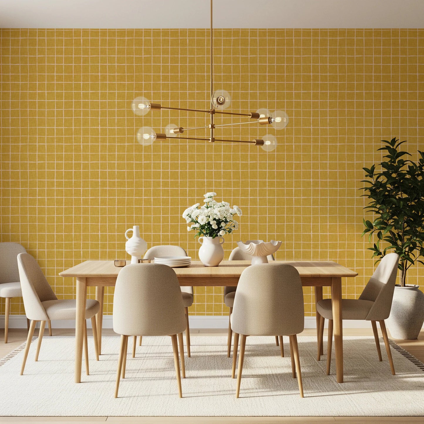 Yellow mustard grid wallpaper with linen texture