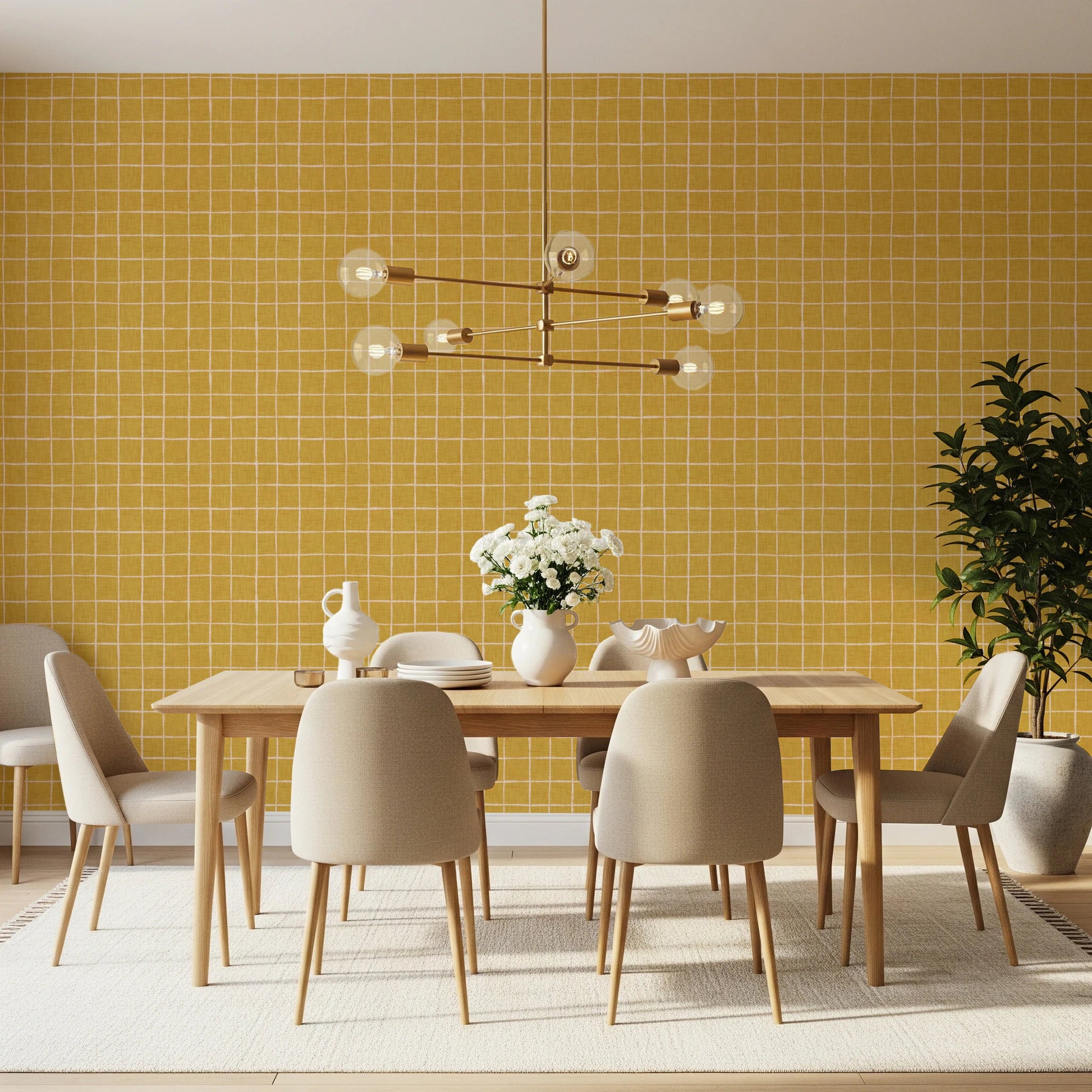 Yellow mustard grid wallpaper with linen texture
