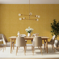 Yellow mustard grid wallpaper with linen texture