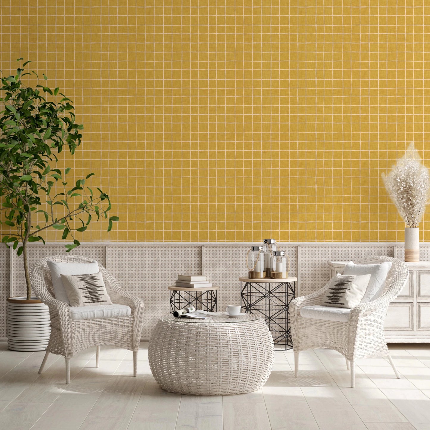 Warm mustard yellow grid pattern for home decor