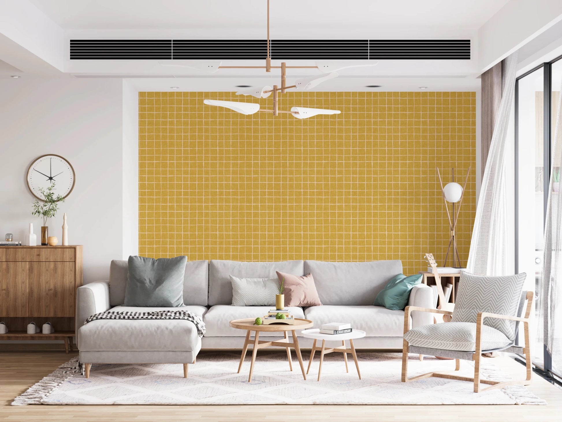 Mustard yellow linen look grid pattern wallpaper