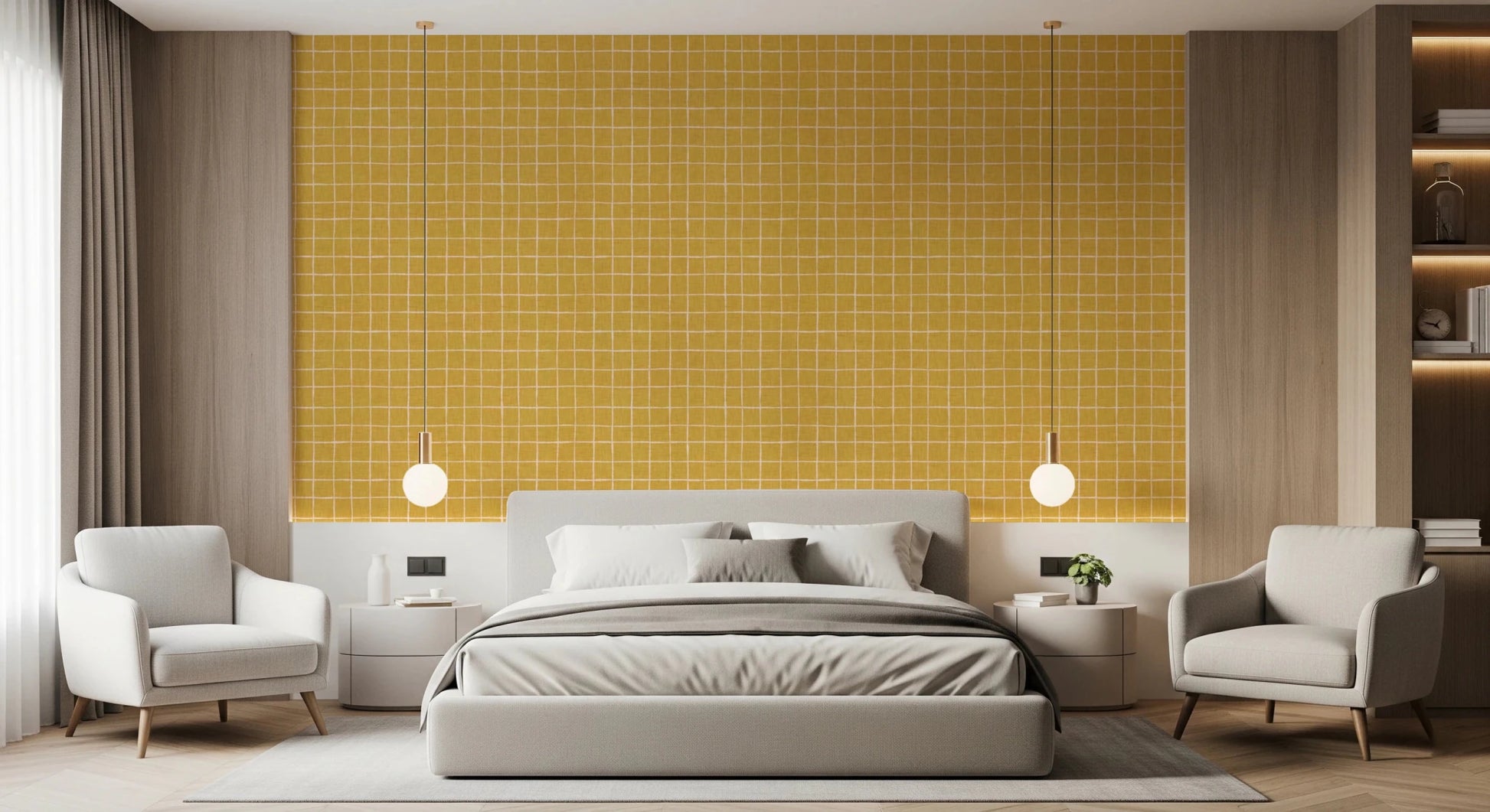 Hand-drawn white lines on mustard yellow backdrop