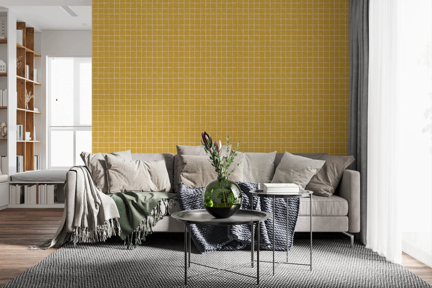 Textured yellow wallpaper with thin white lines