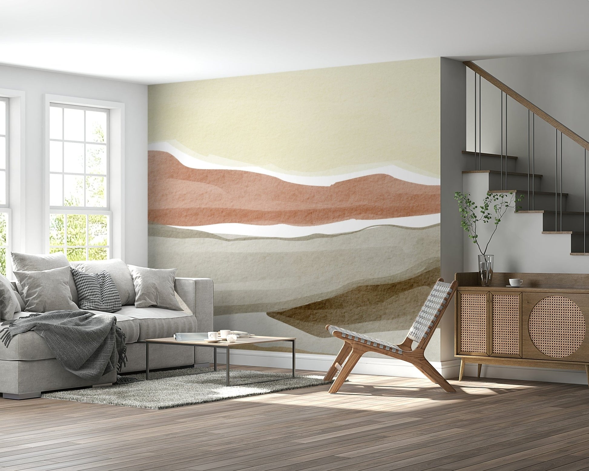 Interior featuring the subtle Muted Desert Vista Wall Mural design.