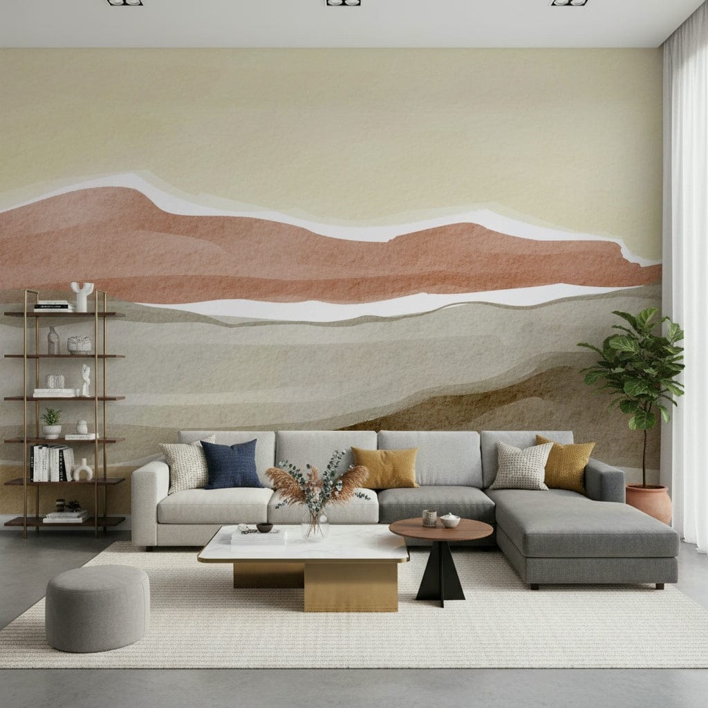 Layered terracotta and gray hills of the Muted Desert Vista Wall Mural.