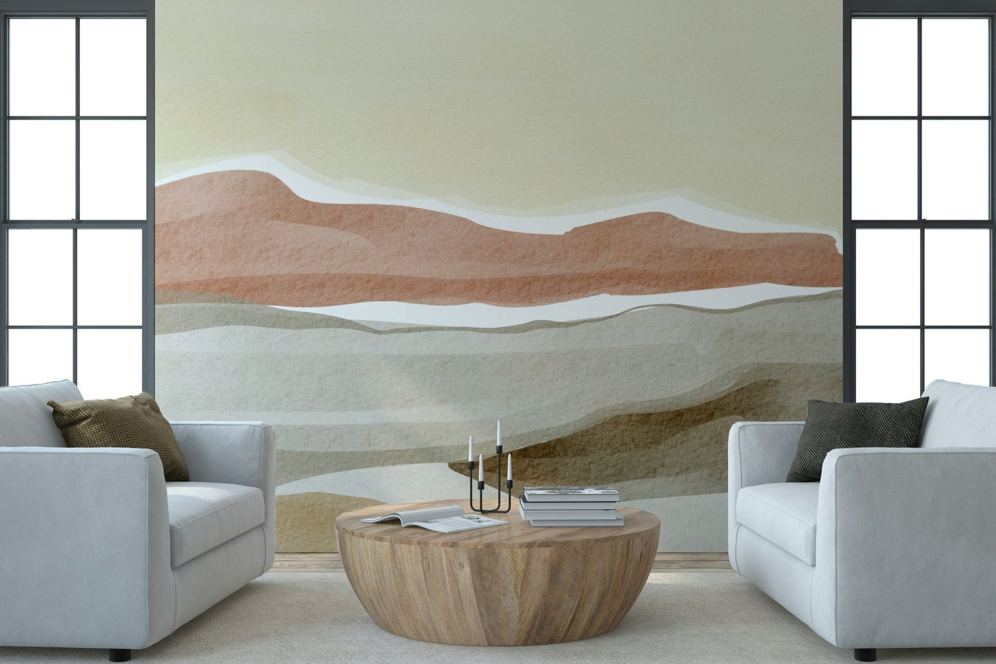 Unique ochre sky above mountains on Muted Desert Vista Wall Mural.