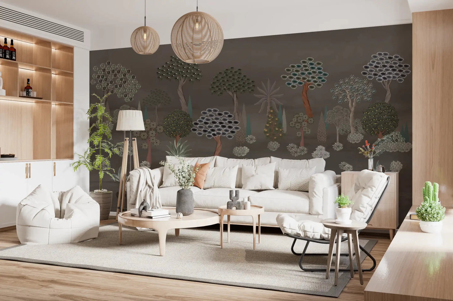 Bright lounge styled with Muted Forest Tapestry Wall Mural and a soft white sofa, GD8958