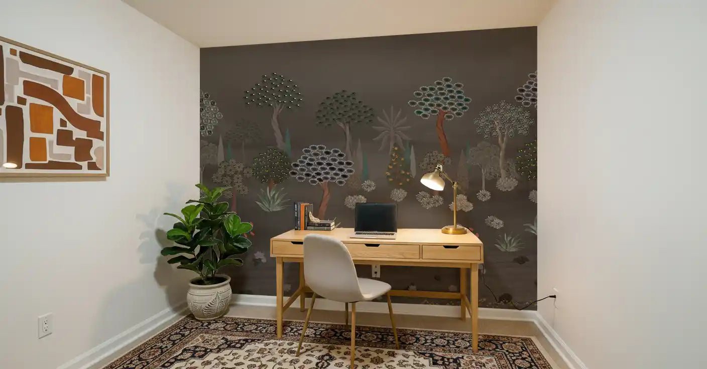 A cosy reading nook wrapped in Muted Forest Tapestry Wall Mural and warm accents, GD8958