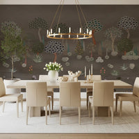 Muted Forest Tapestry Wall Mural behind a long dining table in a calm dining room, GD8958
