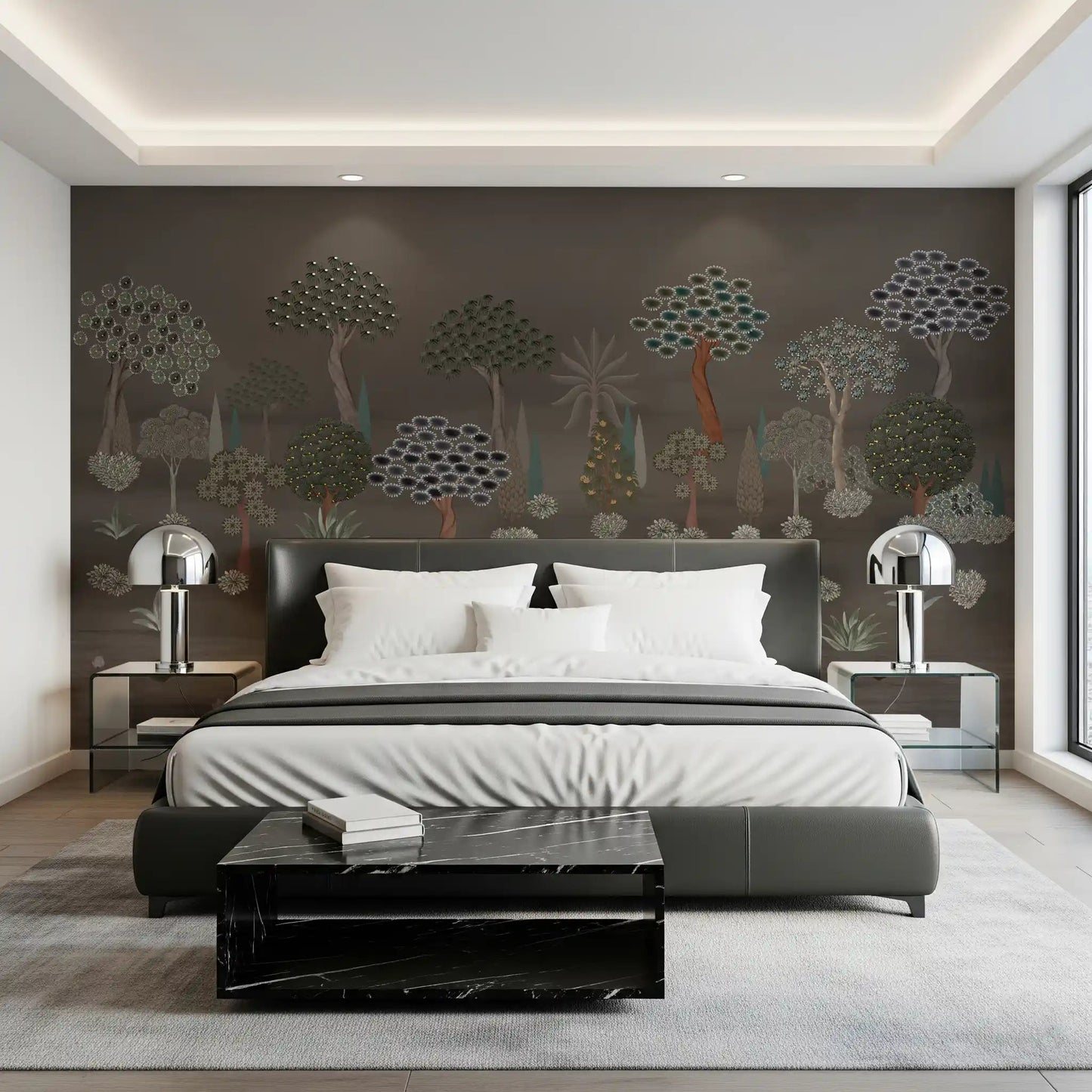Muted Forest Tapestry Wall Mural behind a bed in a softly lit modern bedroom, GD8958