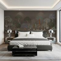 Muted Forest Tapestry Wall Mural behind a bed in a softly lit modern bedroom, GD8958