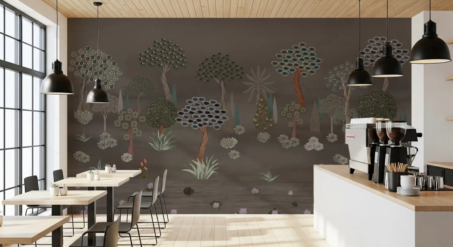 Muted Forest Tapestry Wall Mural brings depth to a clean Café space, GD8958