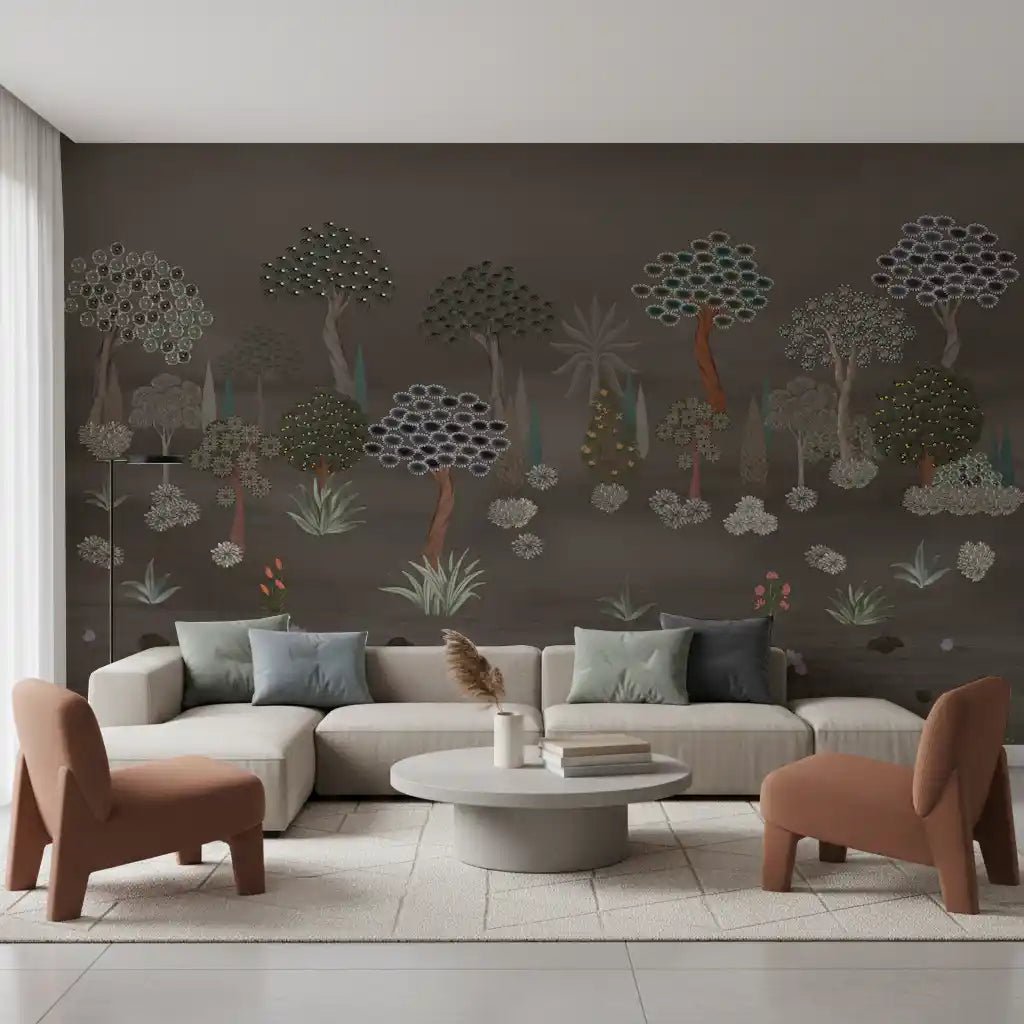 Brown seating and soft light pair with Muted Forest Tapestry Wall Mural beautifully, GD8958