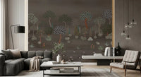 Dark sofa corner finished with Muted Forest Tapestry Wall Mural in a moody lounge, GD8958
