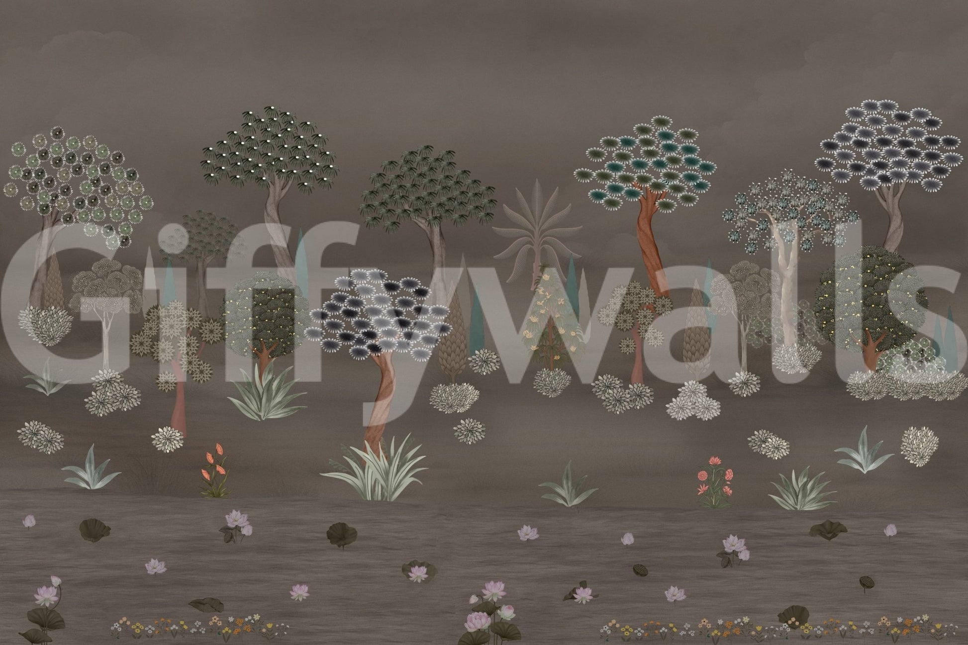 Muted Forest Tapestry Wall Mural with layered trees and dark earthy landscape, GD8958