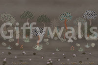 Muted Forest Tapestry Wall Mural with layered trees and dark earthy landscape, GD8958