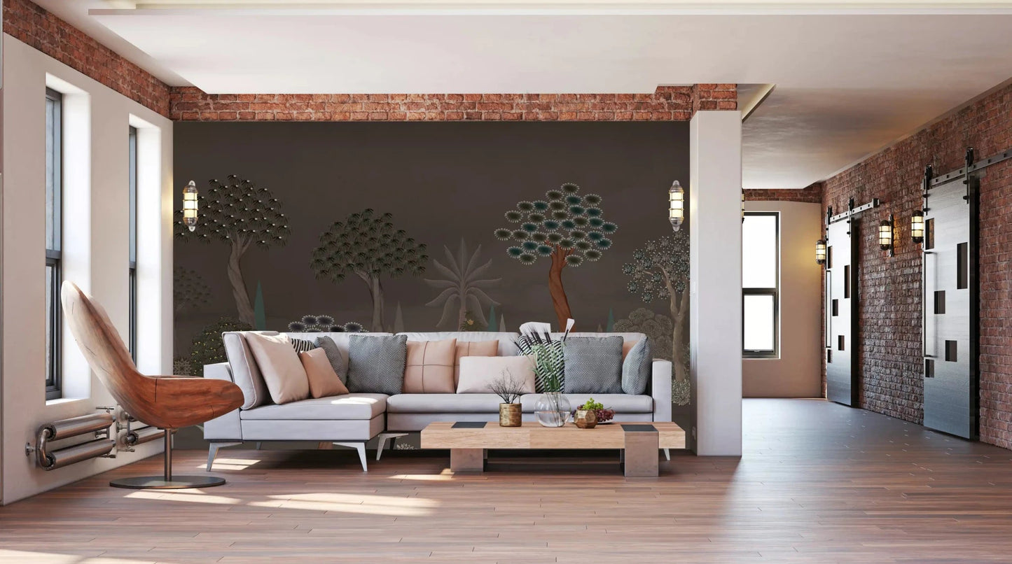 Living room framed by Muted Forest Tapestry Wall Mural across the back, GD8958