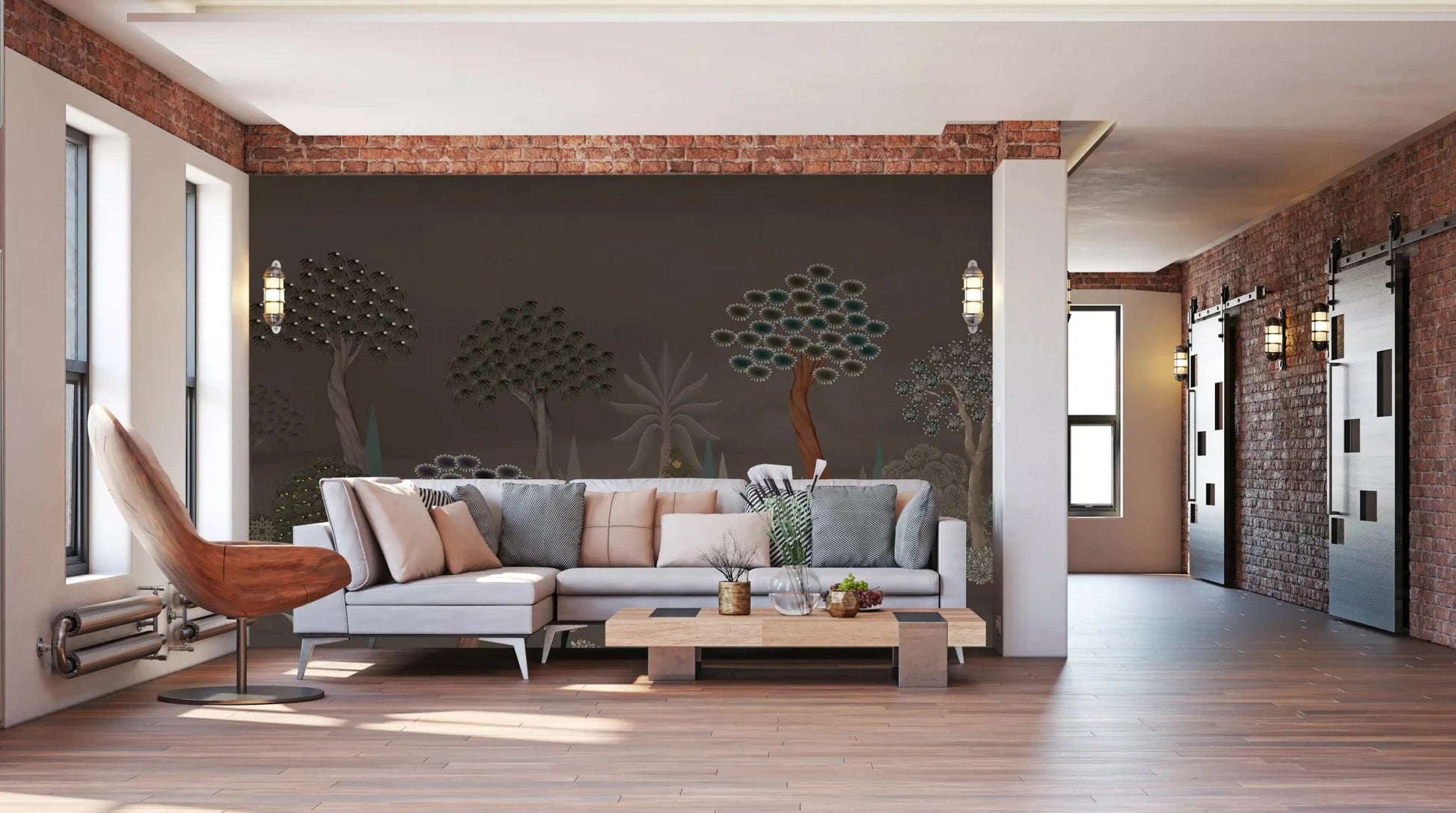 Living room framed by Muted Forest Tapestry Wall Mural across the back, GD8958