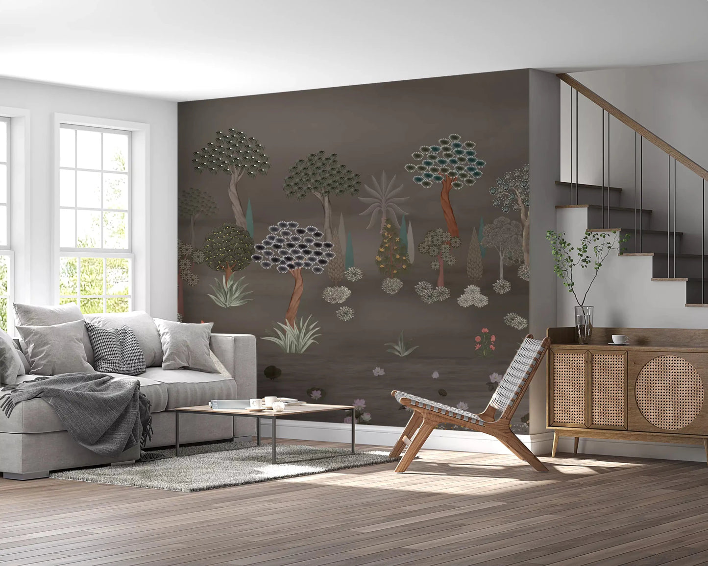 Sunlit grey lounge featuring Muted Forest Tapestry Wall Mural in rich woodland tones, GD8958