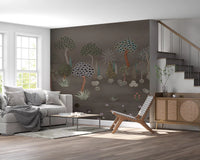 Sunlit grey lounge featuring Muted Forest Tapestry Wall Mural in rich woodland tones, GD8958