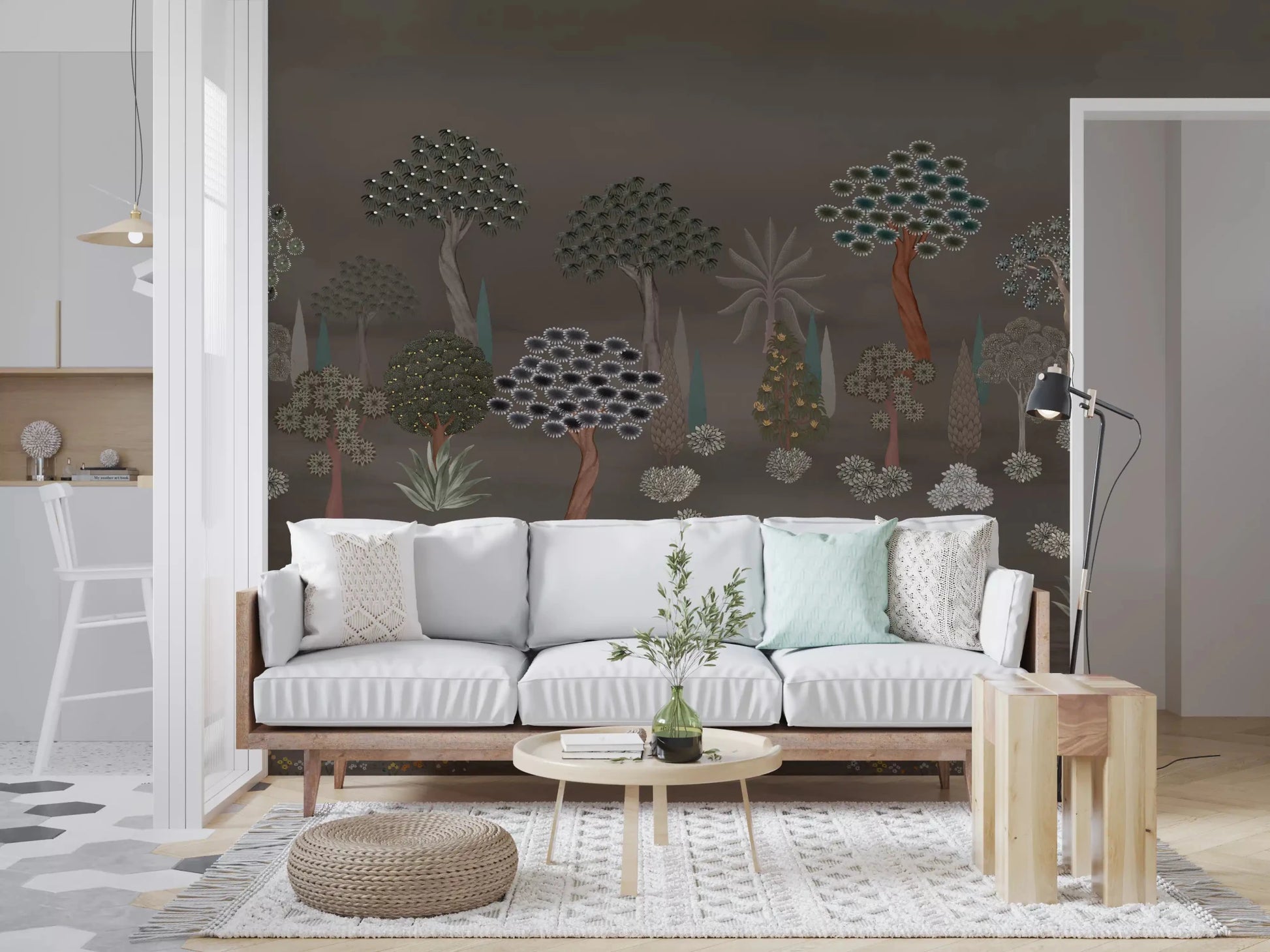 A pale sofa sits against Muted Forest Tapestry Wall Mural in a relaxed living room, GD8958