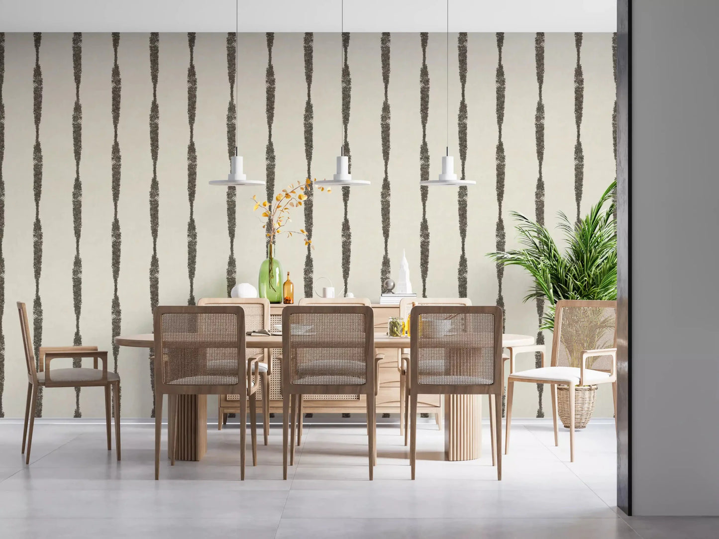 A dining area takes a calm two-tone mood from Muted Green Stripe Cream wallpaper.GD9607