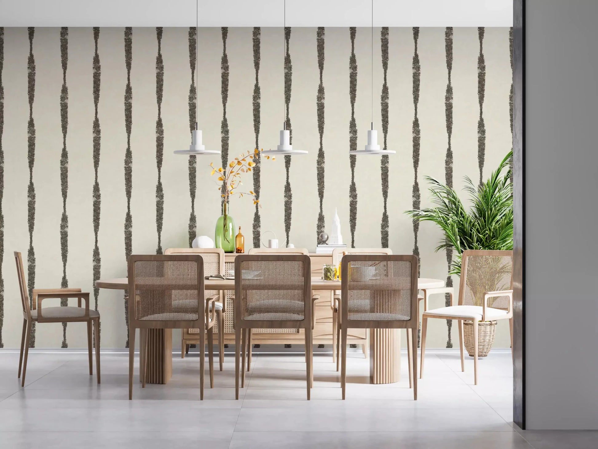 A dining area takes a calm two-tone mood from Muted Green Stripe Cream wallpaper.GD9607