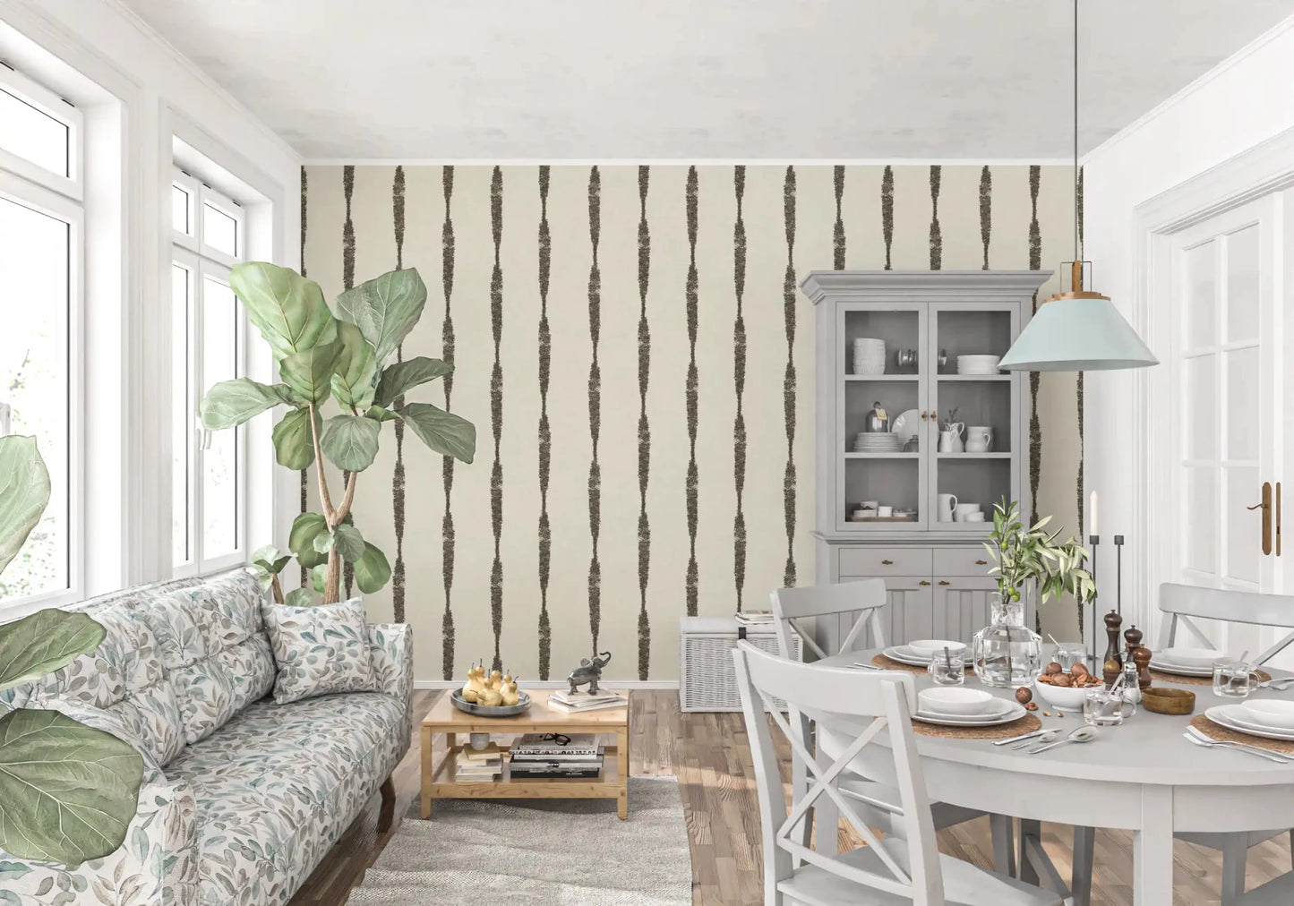 Dining room show hand-drawn stripe motion via Muted Green Stripe Cream wallpaper.GD9607