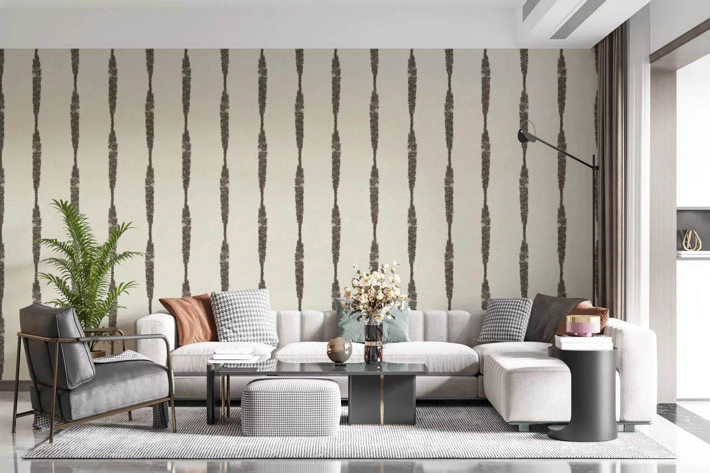 lounge area earthy beside Muted Green Distressed Stripe Cream wallpaper.GD9607