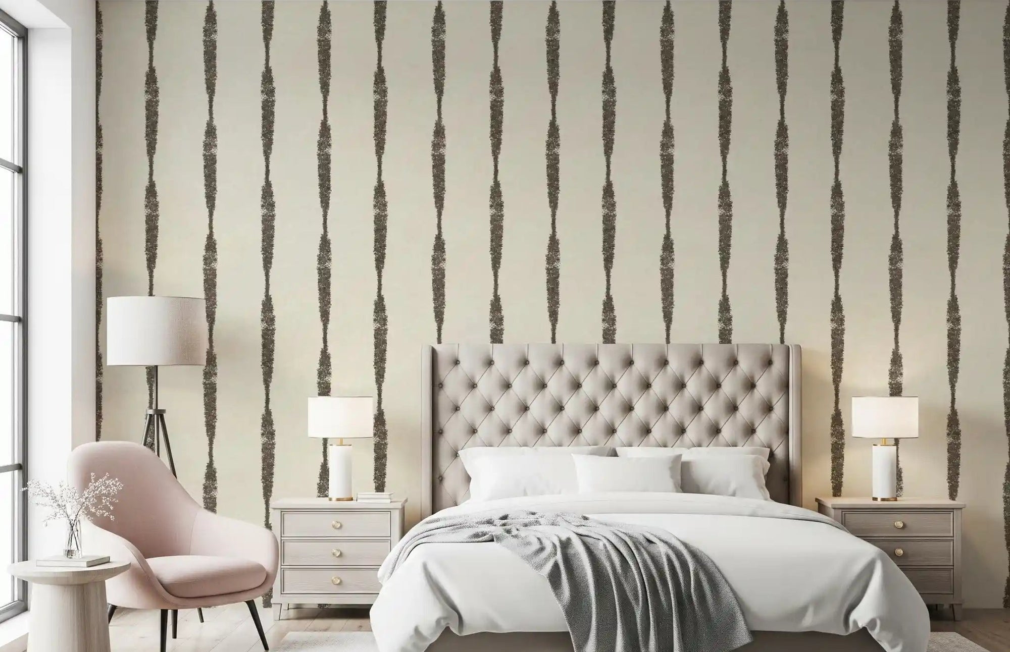 Charcoal vertical brushwork frames the bedroom on Muted Green Stripe Cream wallpaper.⁠GD9607