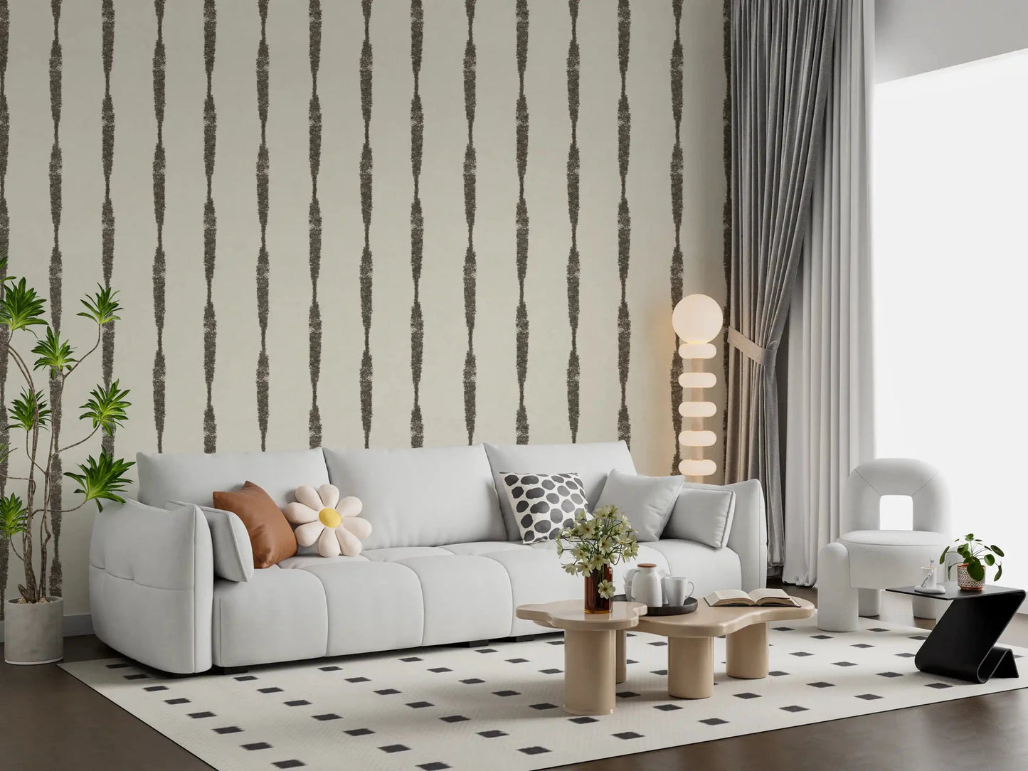 Lounge space holds a relaxed textile feel with Muted Green Stripe Cream wallpaper.GD9607