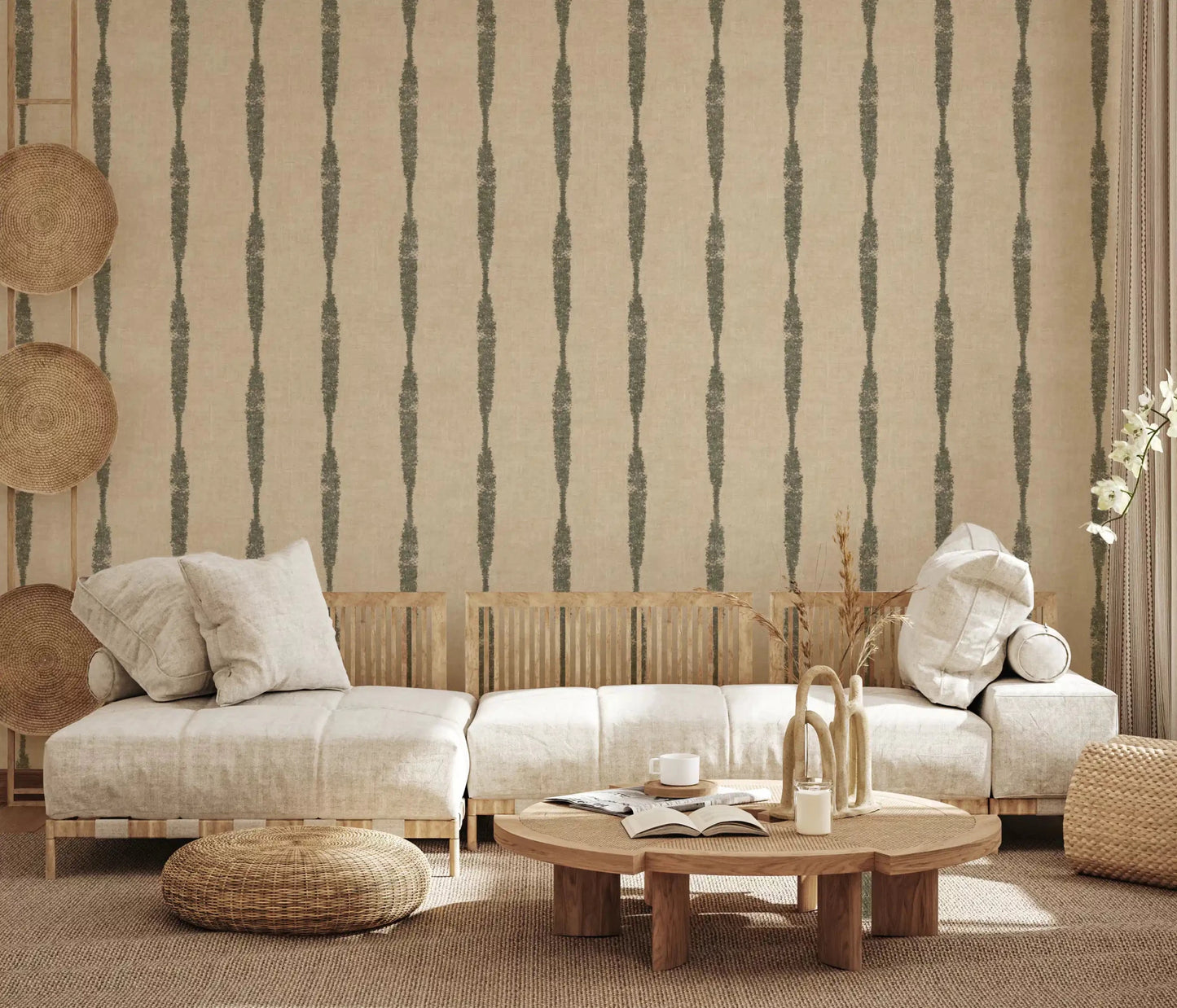 Warm beige and green distressed wallpaper for accent wall, GD9614