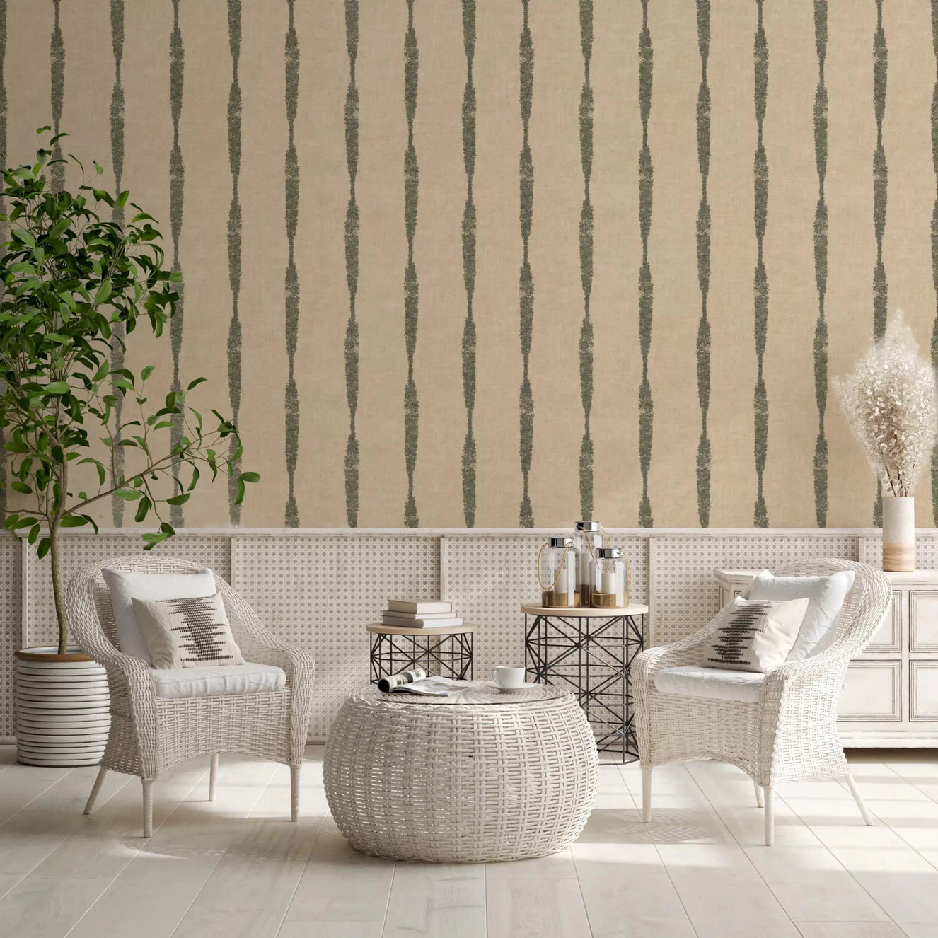 Muted green distressed stripe wallpaper on warm beige background
