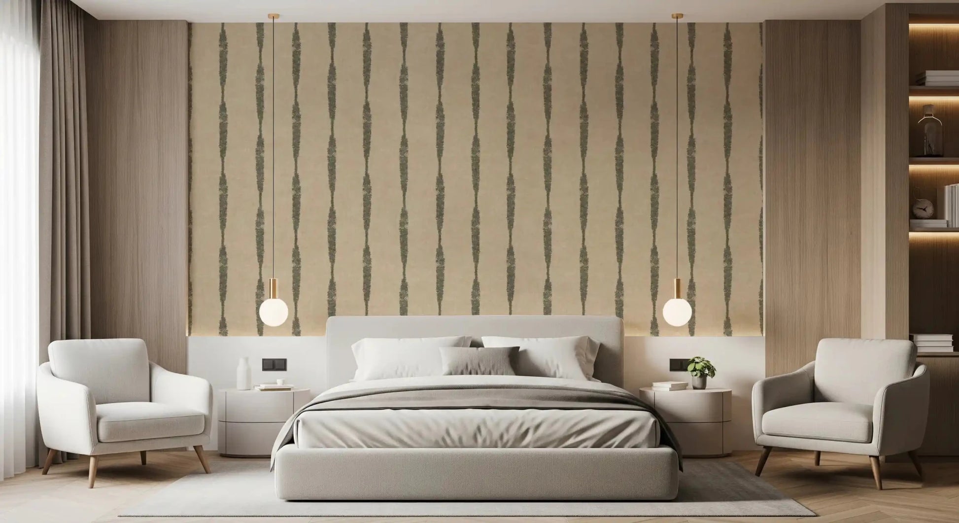 Aged green stripe pattern wallpaper in warm earthy tones, GD9614