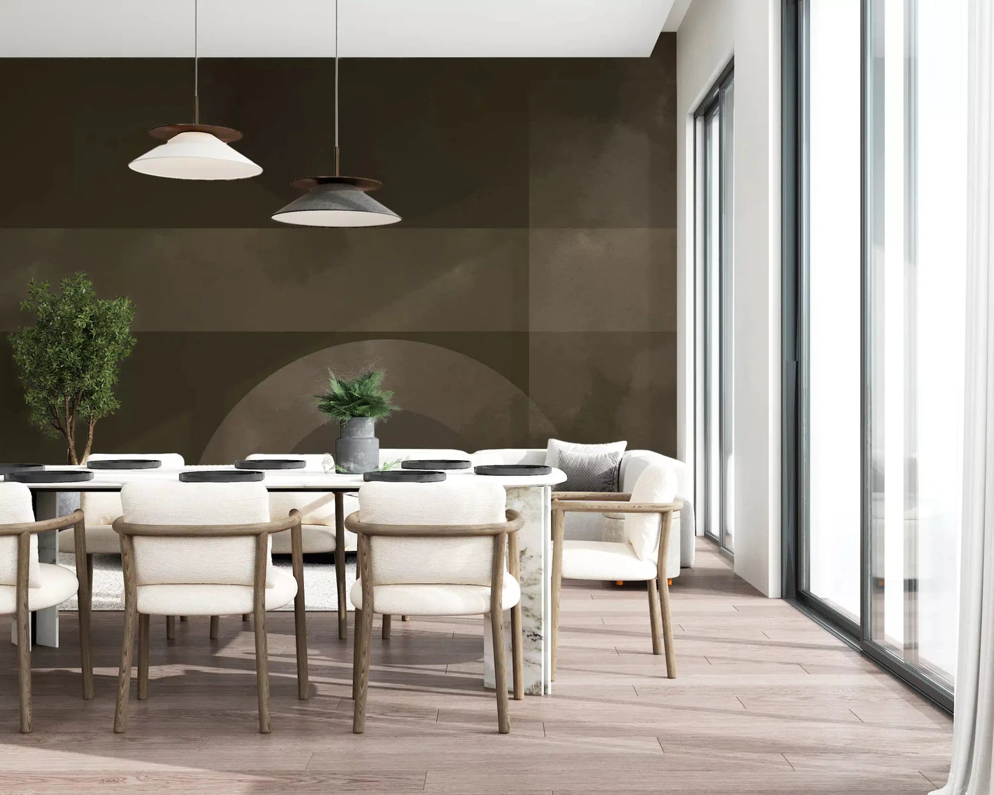 Two earthy circles sit inside the watercolour bands of Muted Horizon Geometry wall mural.GD9601